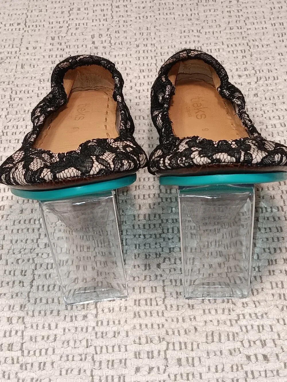 Tieks women's 'Nude Lace' black floral lace overlay leather ballet flats sz 9
